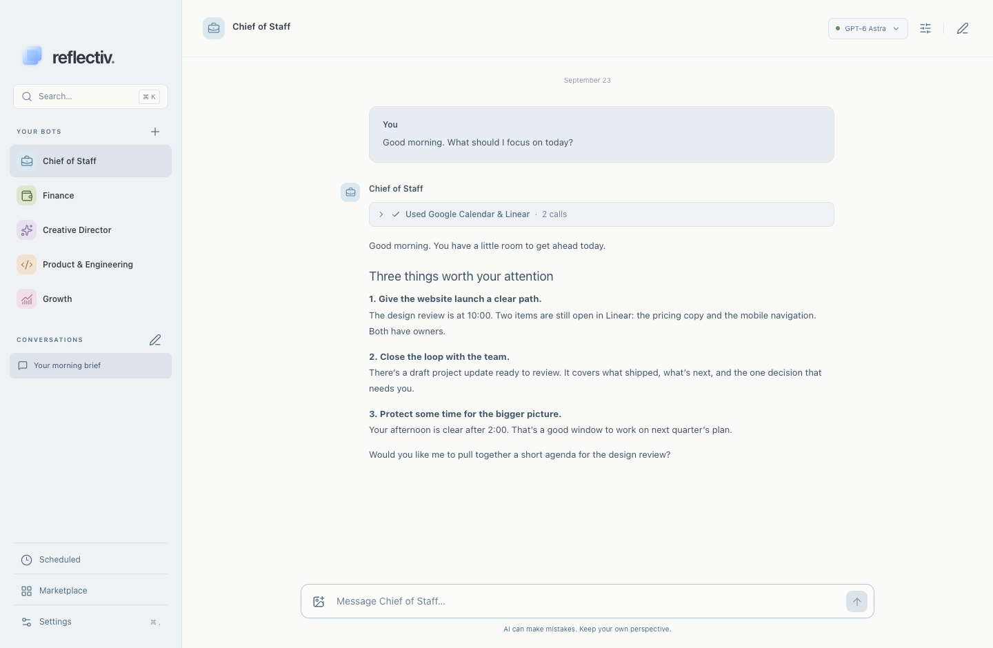 Reflectiv with a Chief of Staff bot preparing a daily brief, alongside a team of specialized bots